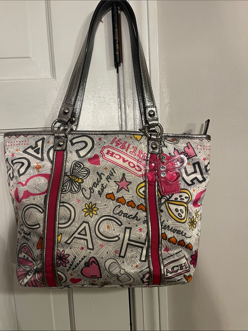 Coach Pink Graphic Logo Tote with Silver Straps